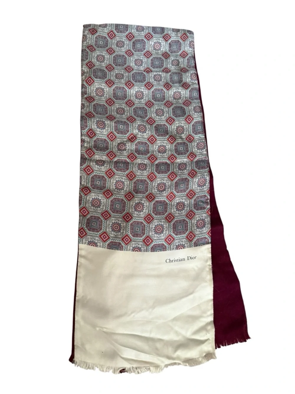 Dior Multicolor Geometric Silk Scarf with Burgundy and Cream Panels